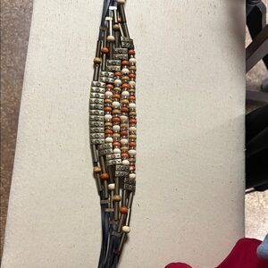 Vintage Wood Beaded Belt Brass Accents Colorful Hippie Retro Black Leather Small